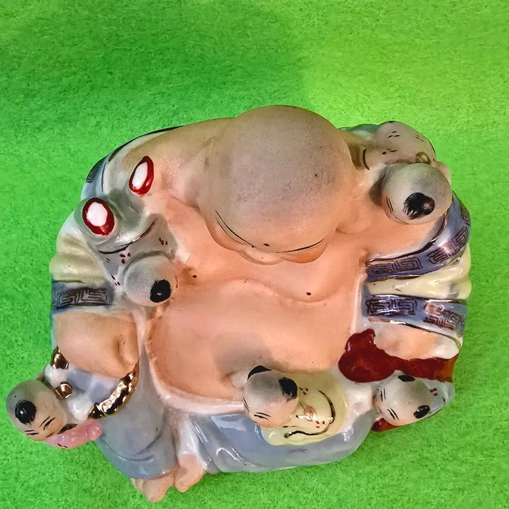 Vintage Chinese Porcelain Laughing Buddha With Five Children Statue hand painted